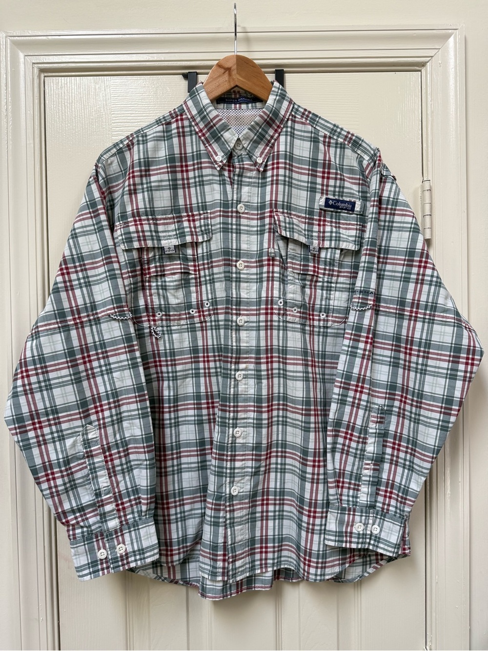 Columbia Mens PFG Super Bahama Green & Red Plaid Button-Up Long Sleeve Shirt EUC
